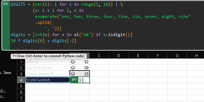 Python solution to part 1 of advent of code 2023 using the new Python in Excel function